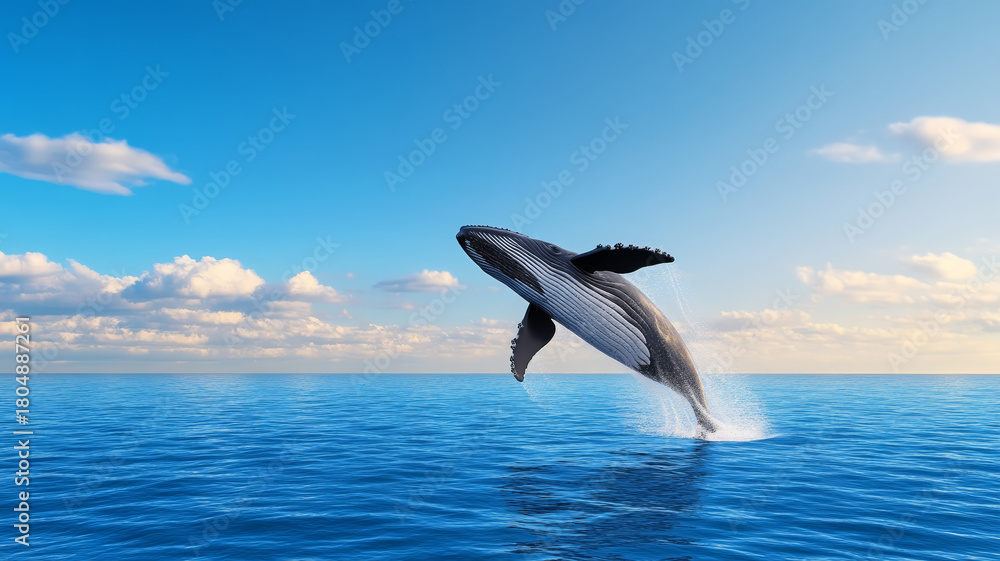 Fototapeta premium Whale breaching ocean surface with blue sky, dynamic splash, and blurred background scenery