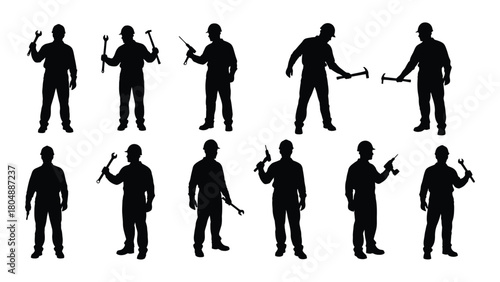 Worker and handyman silhouettes with tools isolated on white background, Vector