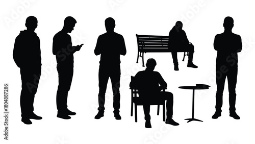 Silhouettes of men in various poses isolated on white background, Vector
