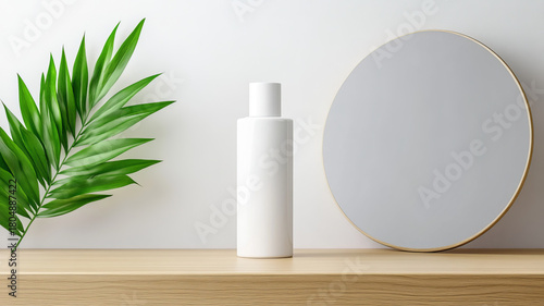 White cosmetic bottle, green leaf, round mirror, wooden shelf, minimal style, clean, fresh