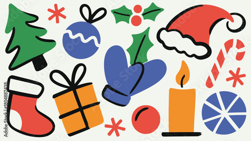 Festive Holiday Doodle Collection Christmas Tree Ornaments Gifts and Winter Elements