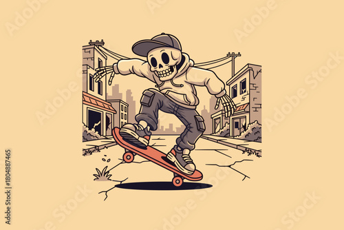 Skeleton Skateboarder Performing Trick in Urban Setting.