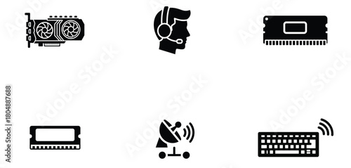 A collection of computer hardware components, including a GPU, headset, RAM, satellite dish, and wireless keyboard, essential for gaming and communication setups. 