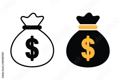 Two money bags with dollar signs, one outlined and one colored, on a white background.