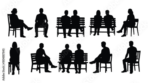 Sitting people silhouettes set isolated on white background, Vector