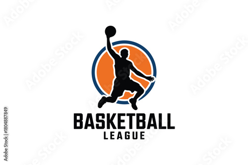 A dynamic silhouette of a basketball player in mid-air, dunking a ball.