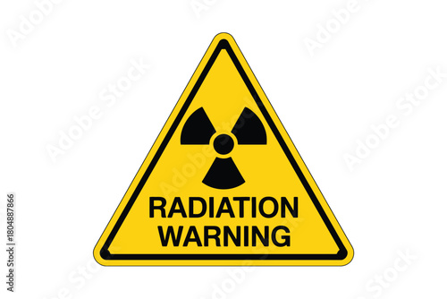 A yellow triangular sign displays a black radiation symbol and the words RADIATION WARNING.