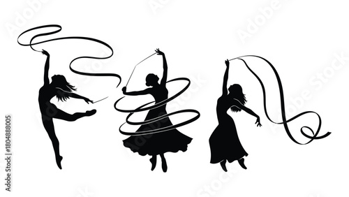 Rhythmic gymnastics ribbon silhouettes isolated on white background, Vector