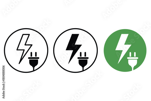 Three icons depict a lightning bolt and electrical plug in black and white and green colors.