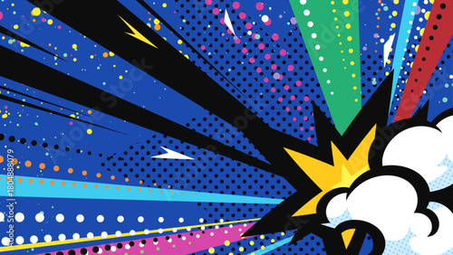 アメコミ風の右下からの衝撃と煙の背景イラスト_カラフル_16:9