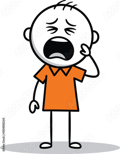 Funny stick figure man yawning, feeling exhausted and sleepy, wearing orange shirt, hand drawn vector illustration isolated on white background.