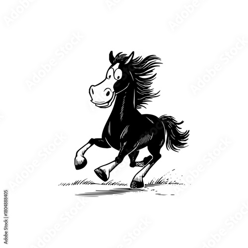 Cartoon running horse illustration vector art black and white drawing animal equine mammal stallion graphic design