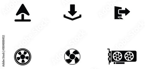 A set of icons representing upload, download, exit, a fan, and a graphic card, commonly used in computer interfaces and applications for various functions. 