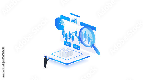 Isometric stock market data analysis with businessman, digital charts, magnifying glass, and buy sell market dashboard