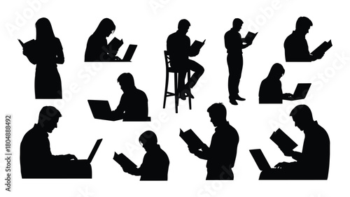 People reading and working on laptops silhouettes isolated on white background, Vector