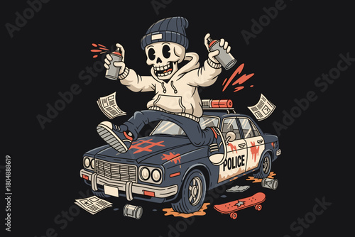 Skeleton graffiti artist riding on top of a police car.