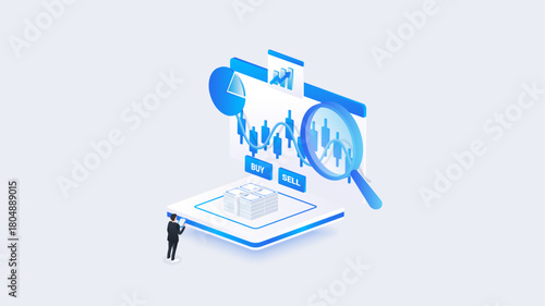 Isometric stock market data analysis with businessman, digital charts, magnifying glass, and buy sell market dashboard