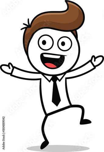 Happy cartoon businessman stick figure jumping for joy, celebrating success with open arms, vector doodle illustration of winning employee concept.