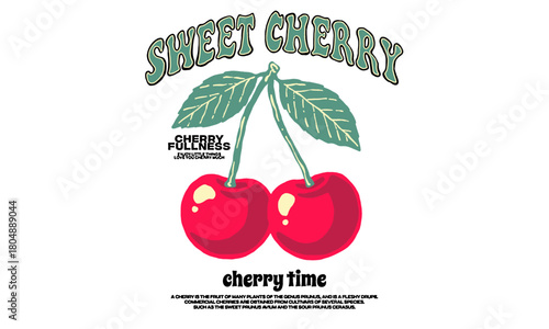 Vintage illustration of two sweet cherries with leaves. Retro fruit artwork with Cherry Time quote for t shirt print