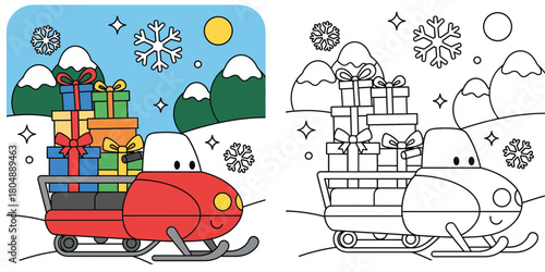 Winter Gift Delivery by Snowmobile - Festive Coloring Page