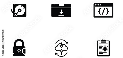 Set of six different icons representing software and hardware isolated on transparent background