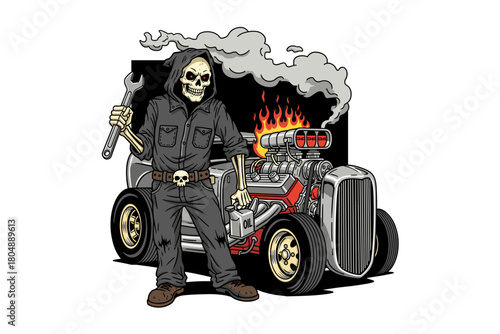 Grim Reaper Mechanic with Flaming Hot Rod Car.
