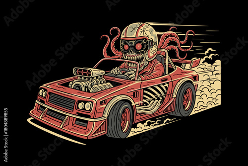 Scary monster driving a hot rod car with tentacles and skull hel