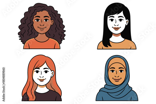Four diverse cartoon portraits of women shown from the shoulders up against a white background.