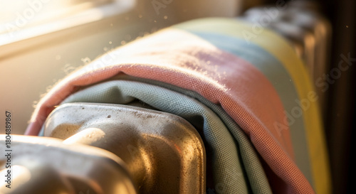 A macro, shallow depth-of-field shot of a colorful, multi-layered blanket or towel resting on the curved top of a cast-iron radiator, highlighted by bright sunlight
