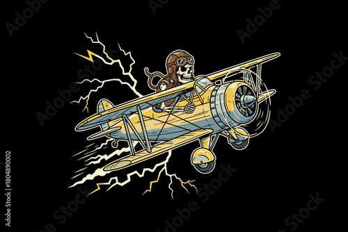 Skeleton Pilot Flying Biplane Through Lightning Storm.