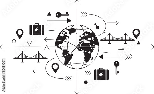 Global travel and logistics concept with central globe and icons Keywords: travel, global, world