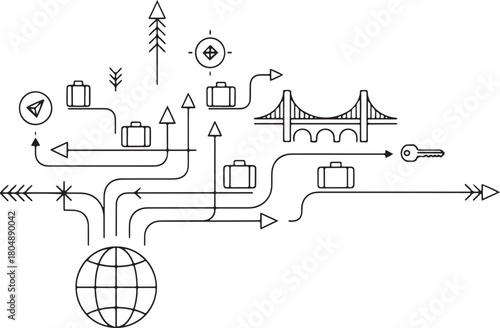Global travel and journey concept with flowing arrows and icons globe world