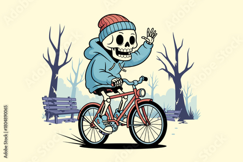 Skeleton character riding a bicycle wearing winter clothes.