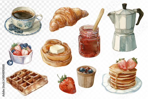 Watercolor breakfast set with croissant moka pot coffee cup jam jar berries waffles cinnamon roll muffin strawberry and pancakes in warm cozy food illustration style. Vector illustration.