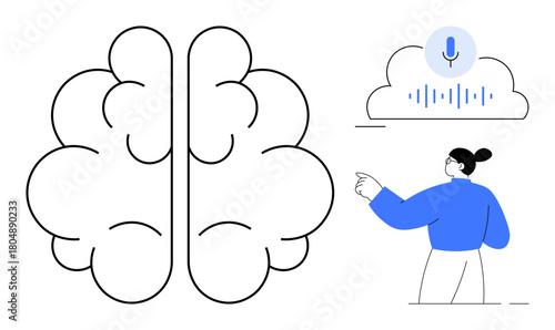 Central brain design with cloud, microphone, and sound waves showing AI. Woman pointing illustrates interaction, innovation, and learning. Ideal for AI, tech, education future machine learning