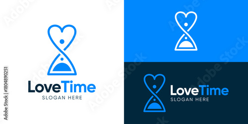 Creative simple love time logo template. Hourglass with love for dating time logo design vector illustration.