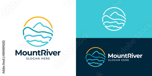 Creative simple mount river logo template. Abstract mountain hill peak summit with river water wave logo design vector illustration.
