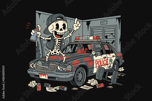 Skeleton character sitting on a police car with money.