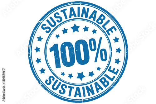 A blue circular stamp reads "100% SUSTAINABLE" with stars around the border.