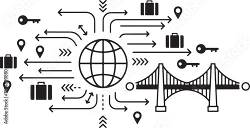 Global Travel and Navigation Icons with a Central Globe and Bridge Keywords: travel, navigation