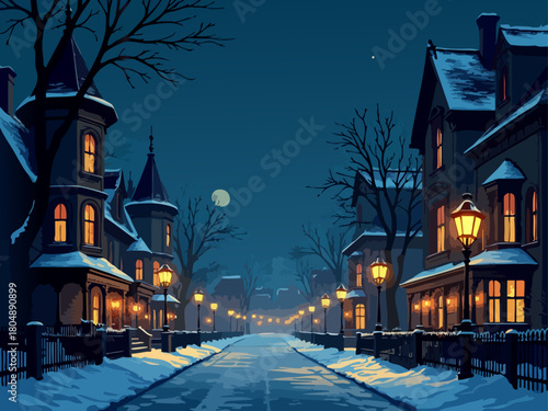 Mysterious Victorian Christmas Town at Night Vector Illustration
