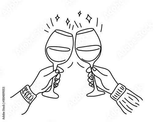 Minimalist line art toast with two hands holding clinking wine glasses, festive sparkling celebration moment in elegant monochrome style, holiday party cheers illustration. Vector illustration.