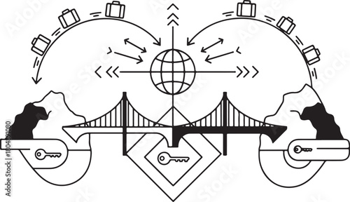 Global Travel Concept with Bridges, Mountains, and Luggage Keywords: travel, global, network