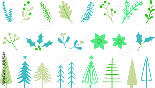 Set of Christmas and winter themed botanical elements, including pine branches, holly leaves, and abstract tree shapes in a cheerful color palette of green and blue