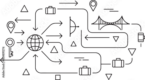 Global Travel Network Icons with Globe, Bridge, and Key world location