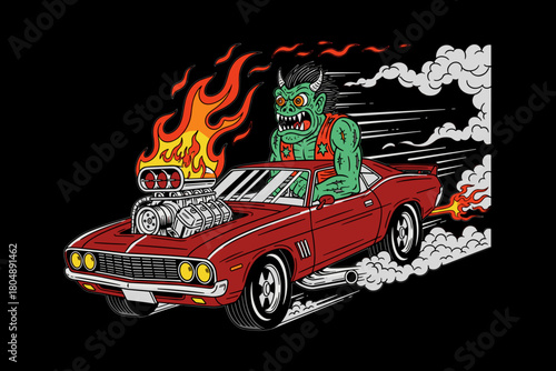 Green Monster Driving a Red Muscle Car with Flames.