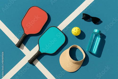 gear for playing pickleball laid out on a blue court, including two paddles, a ball, a visor, sunglasses, and a water bottle. sports design element