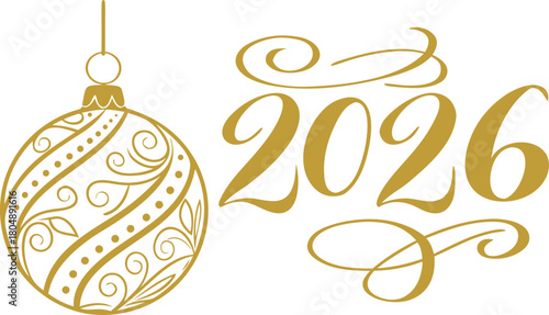 2026 New Year golden text with festive Christmas ornaments, isolated on transparent background, PNG & vector.