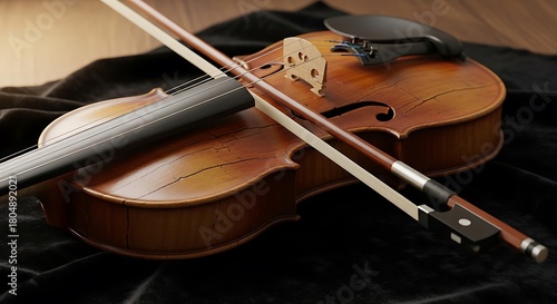 Close up of a violin and bow on a dark surface.