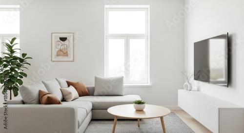 A minimalist living room with a white couch, coffee table, and TV, featuring a modern design with clean lines and a neutral color palette.